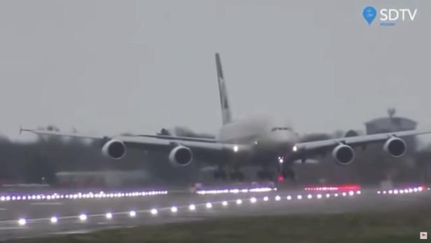 Etihad Airways Airbus A380 is pictured during severe crosswind landing at Londons Heathrow Airport