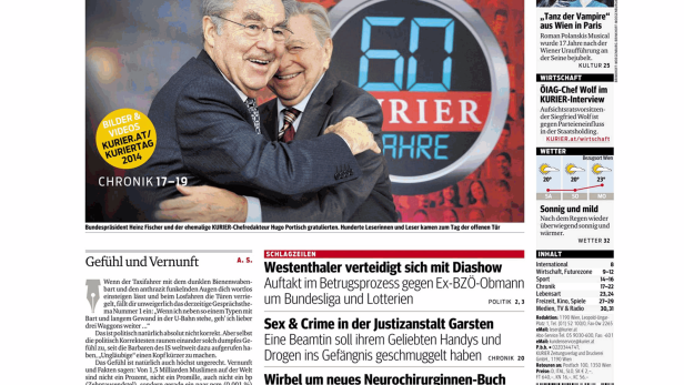 Titelseite des Kurier vom 18. Oktober 2014 mit Heinz Fischer und Hugo Portisch.