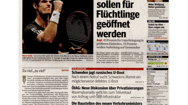 Titelseite des Kurier vom 20. Oktober 2014 mit Andy Murray und Artikeln zu Flüchtlingen und Politik.