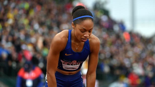 Allyson Felix während eines Leichtathletik-Wettkampfs.