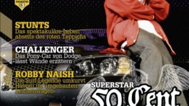 Das Cover des DOTZ Magazins mit 50 Cent, einem Dodge Challenger und einer Frau im Bikini.