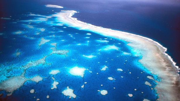 ARCHIV - Luftaufnahme des Great Barrier Riffs vor der Küste Australiens (undatiertes Handout). Die Korallenriffe sind durch den Klimawandel so massiv gefährdet, dass nach Ansicht australischer Wissenschaftler dringend neue Schutz-Methoden entwickelt werden müssen. Für das Great Barrier Reef vor der australischen Ostküste könnten riesige Schattenspender die einzige Chance sein, um Korallenbleiche und damit das Absterben der Riffe abzuwenden, meint Meeresforscher Ove Hoegh-Guldberg von der Queensland-Universität in Brisbane. Foto: Great Barrier Reef Marine Park Authority +++(c) dpa - Bildfunk+++