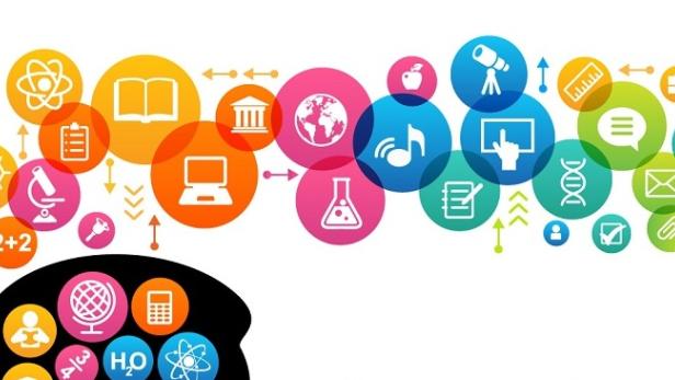 Verschiedene Symbole für Bildung und Wissenschaft in bunten Kreisen dargestellt.