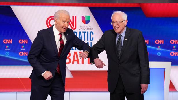 Democratic U.S. presidential candidates Senator Bernie Sanders and former Vice President Joe Biden at the 11th Democratic candidates debate of the 2020 U.S. presidential campaign in Washington
