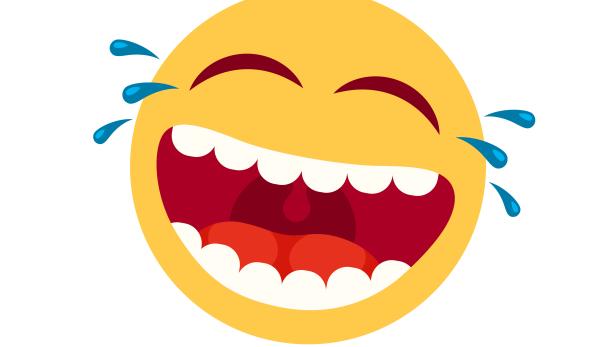 Laughing smiley emoticon. Cartoon happy face with laughing mouth and tears. Loud laugh vector icon