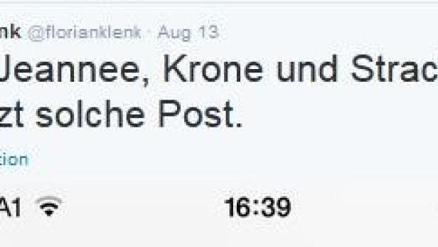Ein Screenshot eines Tweets von Florian Klenk über Jeannee, Krone und Strache.