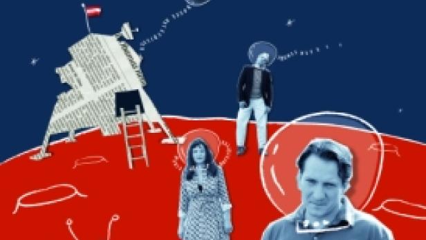 Collage-Artiges Poster für „Welt Ahoi!“ mit Personen in Weltraum-Umgebung.