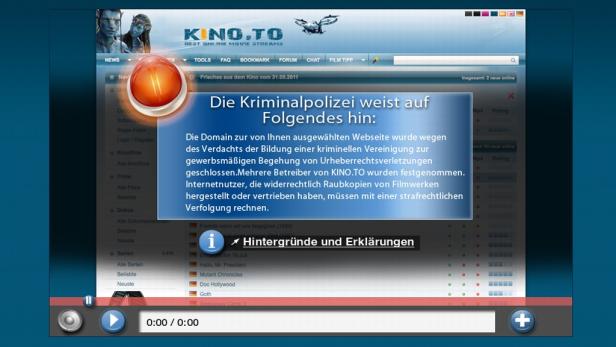 Ein Screenshot der Webseite kino.to mit einer Warnmeldung der Kriminalpolizei.