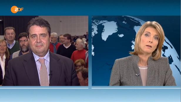 Screenshot der ZDF-Nachrichtensendung: Gabriel liefert sich ein heftiges Wortgefecht mit ZDF-Moderatorin Slomka.
