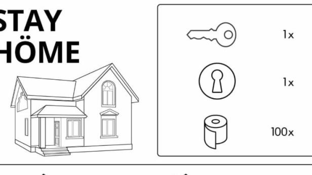 Eine Illustration, die auffordert, zu Hause zu bleiben, mit einer Hausgrafik, einem Schlüssel, einem Schloss und 100 Rollen Toilettenpapier.