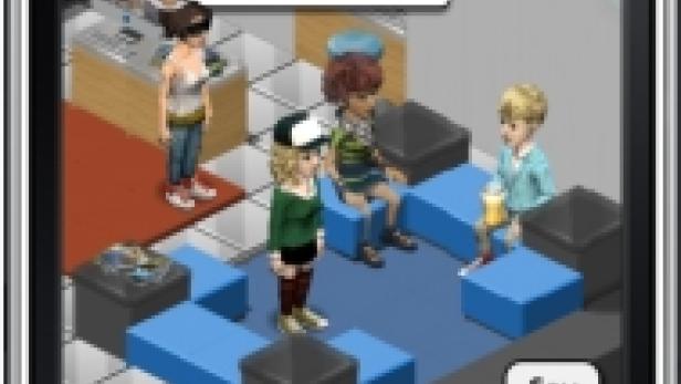 Ein iPhone zeigt eine Szene aus der virtuellen „Tech Bar 20“ mit animierten Figuren und Sprechblasen.