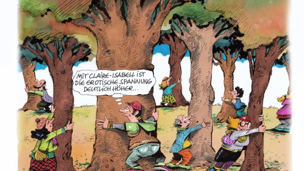 Karikatur: Menschen umarmen Bäume bei einem Baumumarminungsseminar.