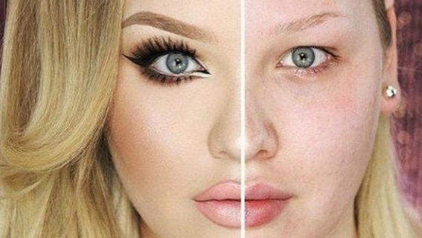 Das Gesicht einer Frau, zur Hälfte mit und zur Hälfte ohne Make-up.