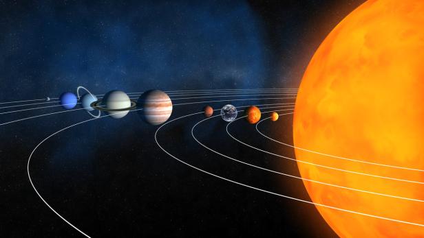 Eine Darstellung unseres Sonnensystems mit Sonne und Planeten auf ihren Umlaufbahnen.