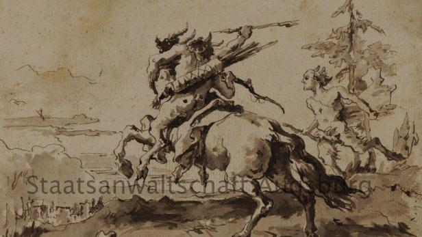 Eine Sepiazeichnung zeigt zwei Reiter und einen laufenden Mann in einer hügeligen Landschaft.