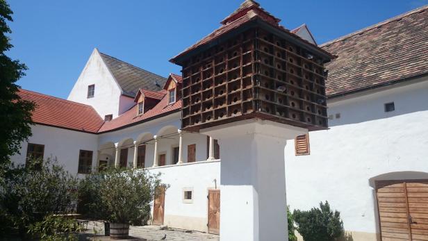 Ein großer hölzerner Taubenschlag steht auf einem weißen Sockel in einem sonnigen Innenhof mit historischen Gebäuden.