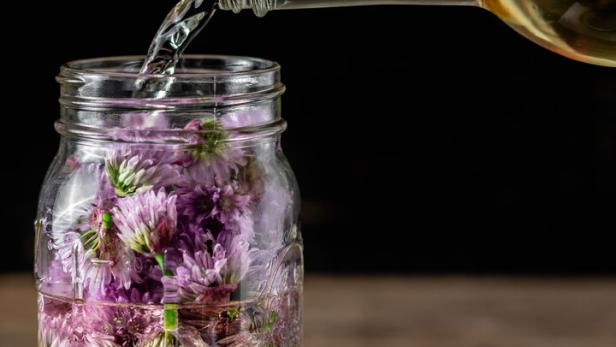 Wine vinegar being poured into a canning jar full of chives blossoms