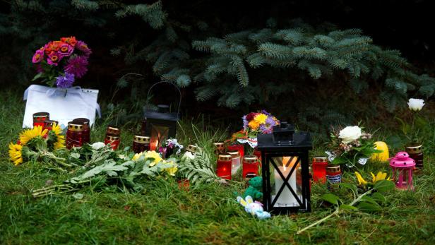 Blumen, Kerzen und Stofftiere liegen auf einer Wiese.