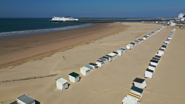 An aerial view of a deserted beach during the coronavirus disease (COVID-19) outbreak, in Calais