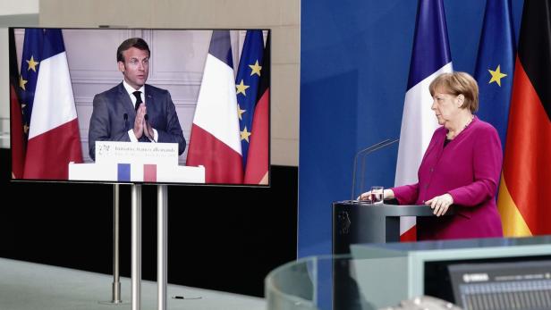 Gemeinsame Pressekonferenz in Coronazeiten: Frankreichs Präsident Macron und die deutsche Kanzlerin Merkel