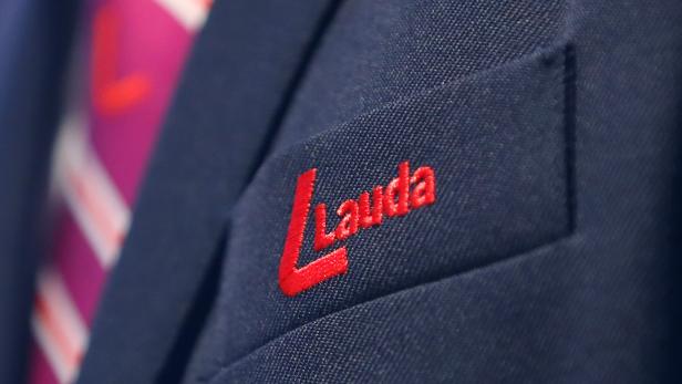 The Laudamotion logo is seen during a news conference in Vienna
