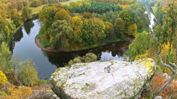 Blick von einem Felsen auf einen Fluss, der sich durch eine herbstliche Waldlandschaft schlängelt.