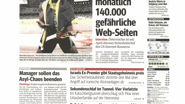 Titelseite der österreichischen Tageszeitung „Kurier“ vom 24. August 2015.