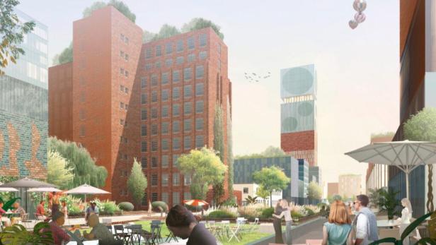 Eine Visualisierung der Siemensstadt mit Backsteingebäuden und begrünten Dächern.