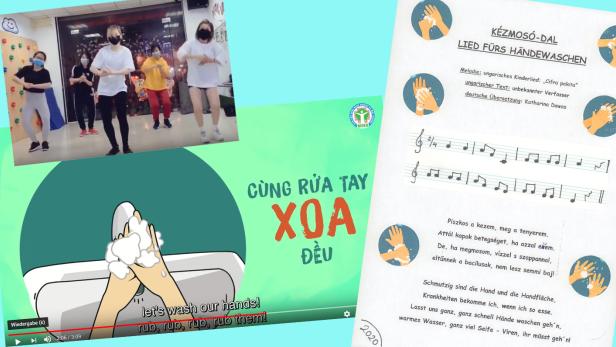 Screenshots aus vietnamesischen Videos - mit englischen Untertiteln sowie Noten- und Textblatt mit Deutsch und Ungarisch