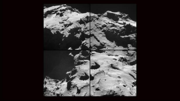 Der Komet am 15. Oktober: Montage aus vier Einzelaufnahmen, die die Navigationskamera (NavCam) an Bord der Raumsonde Rosetta vom Kometen 67P/Churyumov-Gerasimenko gemacht hat. Sie entstanden aus 9,9 Kilometern Entfernung zum Kometen.