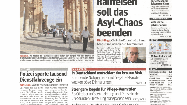 Titelseite der österreichischen Tageszeitung „Kurier“ vom 25. August 2015.