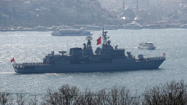 Turkish Navy frigate TCG Yildirim (F-243), returning from the Blue Homeland naval exercise, sails in the Bosphorus in Istanbul