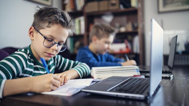 Little boys attending to online school class.