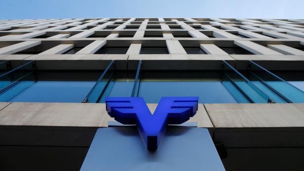 A Volksbank logo is seen at the Volksbank Wien headquarters in Vienna