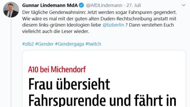 Ein Screenshot des Tweets von AfD-Politiker Gunnar Lindemann.