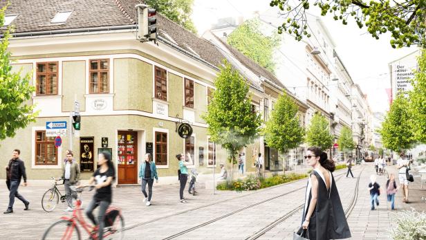 Visualisierung: Geht es nach den Grünen, soll ein Teil der Josefstädter Straße durchgängig gepflastert und begrünt werden.