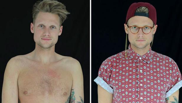 Ein Mann, einmal um 7 Uhr morgens ohne Hemd und einmal um 19 Uhr mit Hemd, Brille und Kappe.