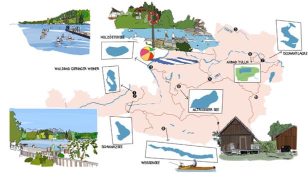 Eine illustrierte Karte von Österreich mit verschiedenen Seen und Gewässern.