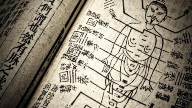 Eine Abbildung eines menschlichen Körpers mit chinesischen Schriftzeichen in einem alten Buch.