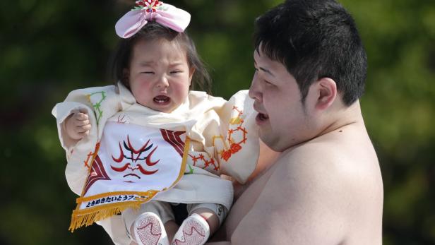 epa03680904 A baby, held by an amateur sumo wrestler, breaks into tears during the Nakizumo Festival, or crying baby contest, at Sensoji Temple in Tokyo, Japan, 29 April 2013. The Nakizumo is a traditional event, where the babies, accompanied by amateur sumo wrestlers, face to face in a sumo ring to determine how loud and long they cry in the crying contest, held to celebrate babies&#039; growth and pray for their good health. EPA/KIYOSHI OTA