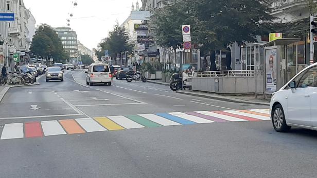 Zufälligerweise knapp anch der Demo für Vielfalt und Toleranz gegen das Zerreißen eienr Regenbogenfahne wurde dieser bunte Zebrastreifen in der Landstraße (Wien) gemalt