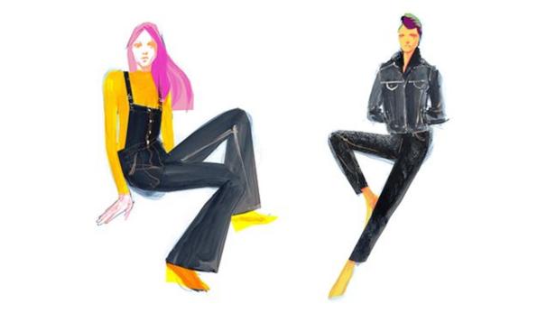 Eine Modeillustration mit zwei Frauen in Overalls und Lederjacke.