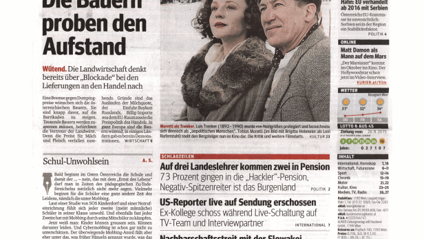 Titelseite des Kurier vom 27. August 2015 mit Artikeln zu verschiedenen Themen.