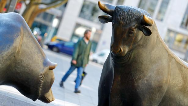 FILE PHOTO: The bull and bear, symbols for successful and bad trading are seen in front of the German stock exchange (Deutsche Boerse), in Frankfurt,