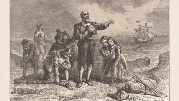Die Pilgerväter, -mütter und -kinder erreichen im Herbst 1620 Neuengland
