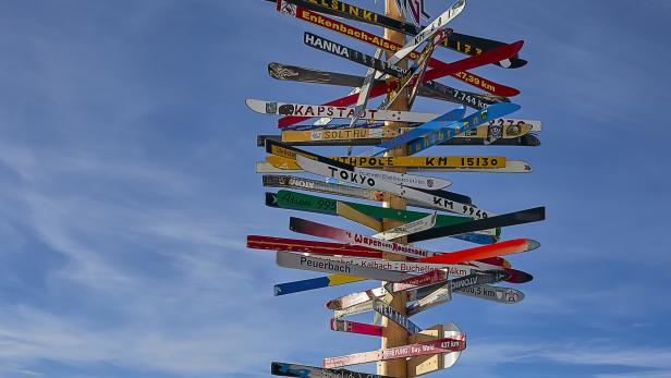 Direction sign at ski resort in the Austrian Alps, Ischgl