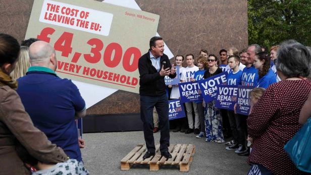 Premier Cameron erklärt auf einer Euro-Palette die Kosten eines EU-Austritts