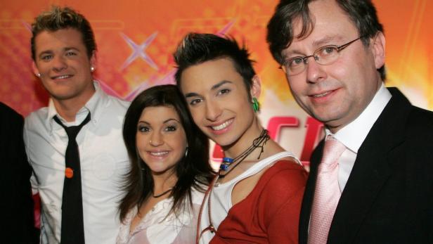 Alexander Wrabetz, schon damals ORF-Chef, mit den Finalisten von Staffel 3: Gernot Pachernigg, Nadine Beiler, Tom Neuwirth