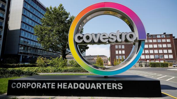 FILE PHOTO: The logo of German chemicals maker Covestro is pictured outside its headquarters in Leverkusen
