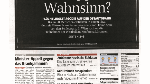 Titelseite des Kurier vom 28. August 2015 mit Schlagzeilen zu Flüchtlingstragödie und IT-Unterstützung.